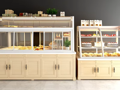 Bakery Display Shelves With Pastries Cakes And Decorative Light Wood Cabinets 3d model