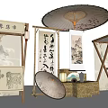 Traditional Chinese Garden Ornaments With Bamboo Structures Oil Paper Umbrellas Calligraphy Scrolls And Landscape Paintings