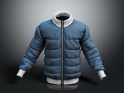 Blue Quilted Puffer Jacket Featuring White Collar Cuffs And Zip Closure 3d model