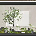 Serene Indoor Landscape With Tree Greenery Stone Decor Grid Wall And Lighting