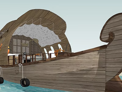 Wooden Ship Shaped Structure With Curved Roof And Waterfront Deck Design 3d model