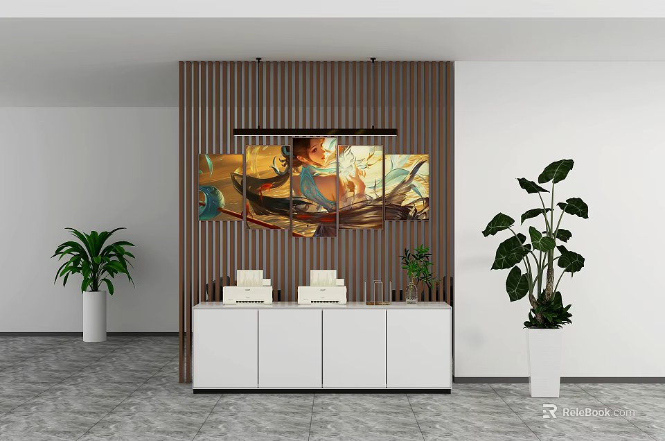 Modern Office Space With Wooden Slat Wall And Efficient Office Appliances On White Cabinet 3d model 
