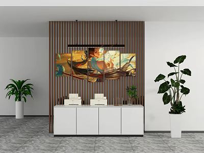Modern Office Space With Wooden Slat Wall And Efficient Office Appliances On White Cabinet 3d model