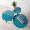 Blue Modern Round Coffee Table With Multi Tiered Tabletop Wooden Legs White Planter Plant Books