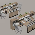 Modern Cubicle Office Desks With Ergonomic Chairs Potted Plants And Stationery