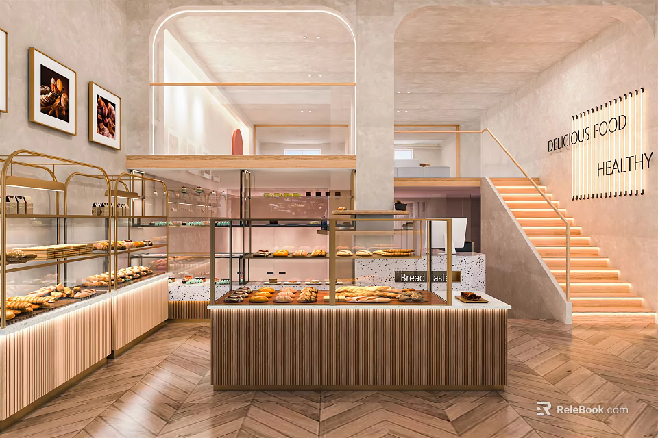 Dessert Shop Modern Interior With Pastry Display Cases Wooden Counter And Staircase 3d model 