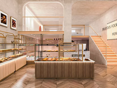 Dessert Shop Modern Interior With Pastry Display Cases Wooden Counter And Staircase 3d model