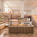 Dessert Shop Modern Interior With Pastry Display Cases Wooden Counter And Staircase