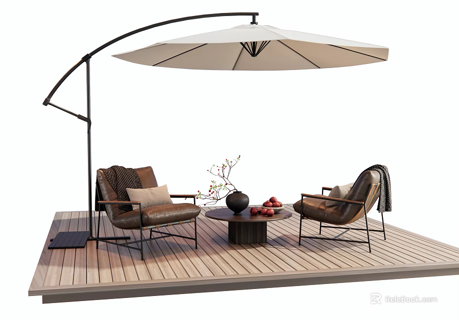 Comfortable Outdoor Chairs On Wooden Deck With White Umbrella And Coffee Table 3d model 