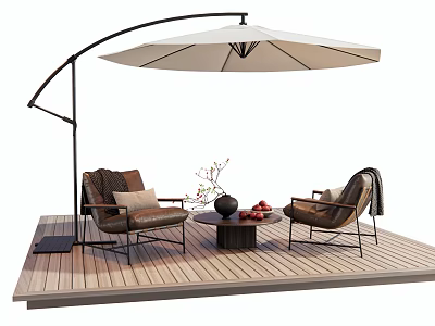 Comfortable Outdoor Chairs On Wooden Deck With White Umbrella And Coffee Table 3d model