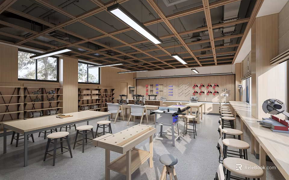 School Workshop Interior With Wooden Tables Stools And Shelves 3d model