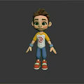 3D Cartoon Child Character Standing In Yellow White Shirt Blue Pants And Red Shoes