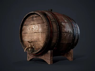 Traditional Wooden Barrel With 50L Capacity Tap And Stand For Household Use 3d model