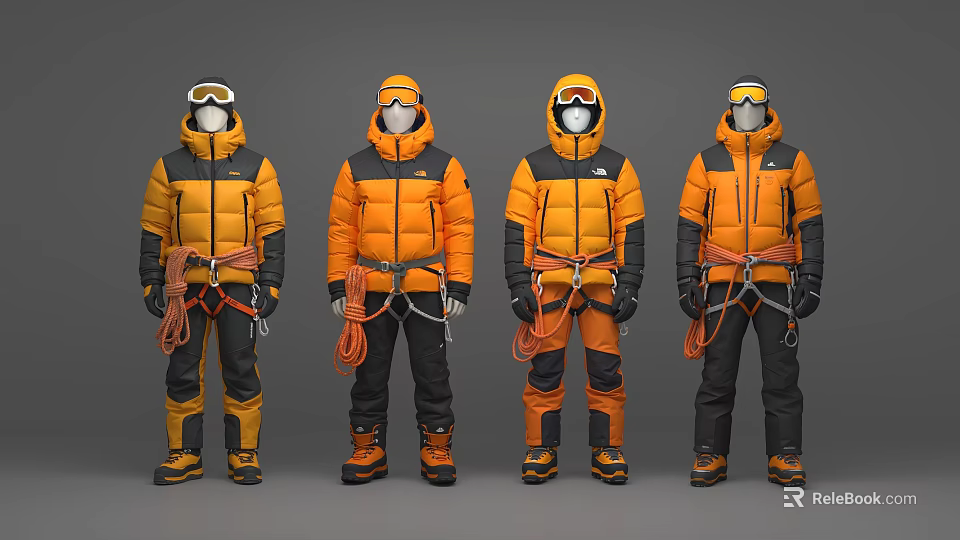 Four People Wearing Orange Black Outdoor Jackets With Helmets Goggles And Climbing Gear 3d model 