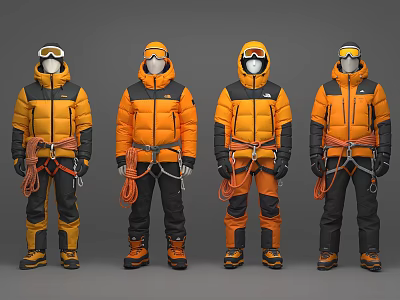 Four People Wearing Orange Black Outdoor Jackets With Helmets Goggles And Climbing Gear 3d model