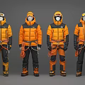Four People Wearing Orange Black Outdoor Jackets With Helmets Goggles And Climbing Gear