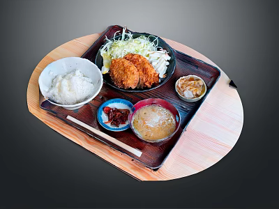 Traditional Japanese Tonkatsu Set Meal with Rice Miso Soup and Side Dishes on Wooden Tray 3d model