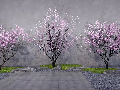 Pink Blossom Flowering Trees With Gray Wall Background Stone Path Grass And Rocks 3d model