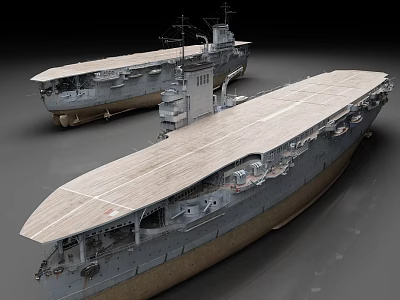 Detailed Vintage Aircraft Carrier Scale Models With Wooden Decks And Gray Hulls 3d model
