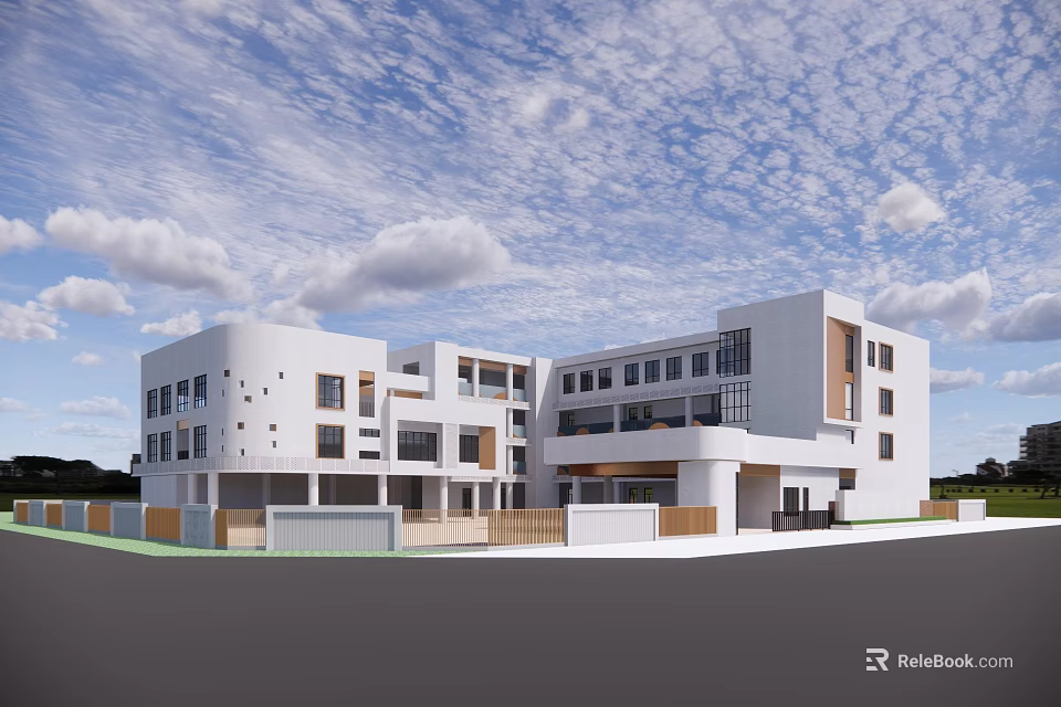 Modern White School Building With Multi Storey Structure And Multiple Windows Under Blue Sky 3d model