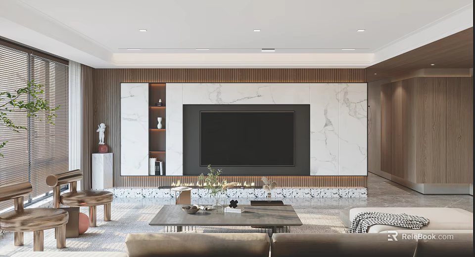 Modern Minimalist Living Room Featuring Marble TV Wall Wooden Accents Sofa And Coffee Table 3d model 