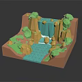 3D Terrain Model Featuring Waterfall River And Green Vegetation On Hills 3d model