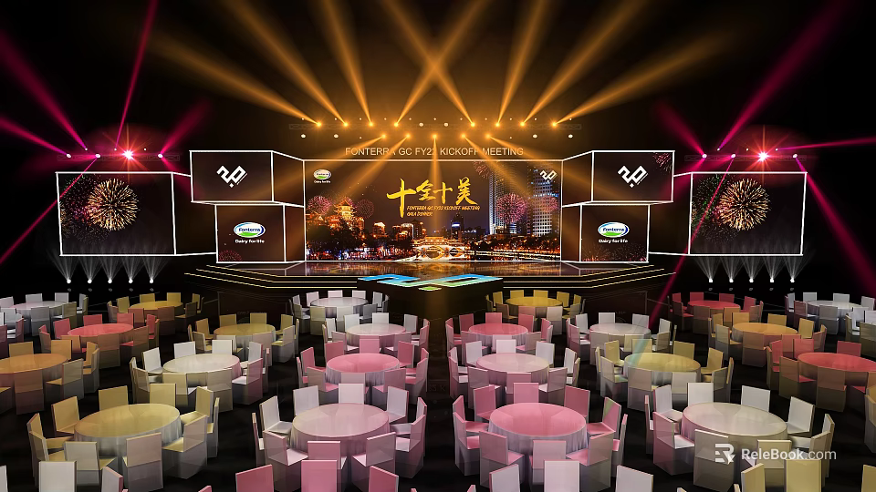 Elegant Event Stage With Golden Beam Lighting Background Screens And Fireworks 3d model 