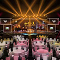 Elegant Event Stage With Golden Beam Lighting Background Screens And Fireworks