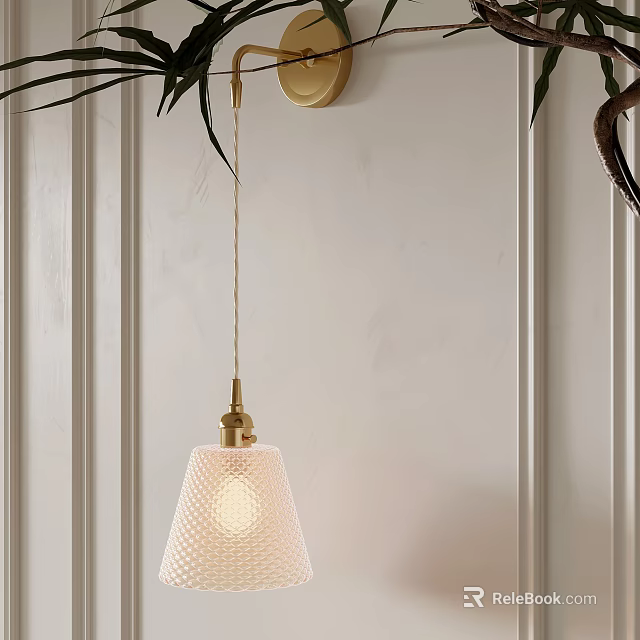 Brass Pendant Light With Textured Shade Hanging On White Wall Near Green Plant Leaves 3d model 
