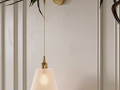 Brass Pendant Light With Textured Shade Hanging On White Wall Near Green Plant Leaves 3d model