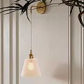 Brass Pendant Light With Textured Shade Hanging On White Wall Near Green Plant Leaves