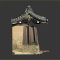 Traditional Asian Architecture Structure With Ornate Roof Ornaments Wooden Door And Weathered Stone Base