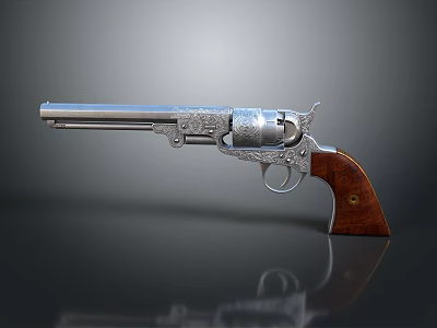 Vintage Revolver With Silver Metal Body Engraved Patterns Wooden Grip on Gray Background and Reflection 3d model