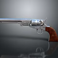 Vintage Revolver With Silver Metal Body Engraved Patterns Wooden Grip on Gray Background and Reflection