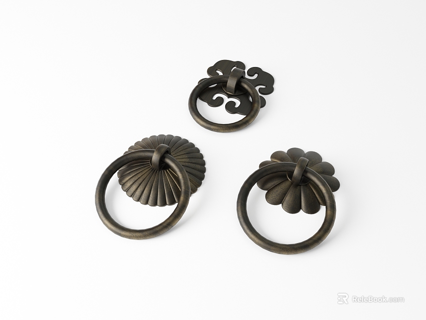 Antique Brass Furniture Handles With Ornate Floral And Cloud Patterns 3d model 