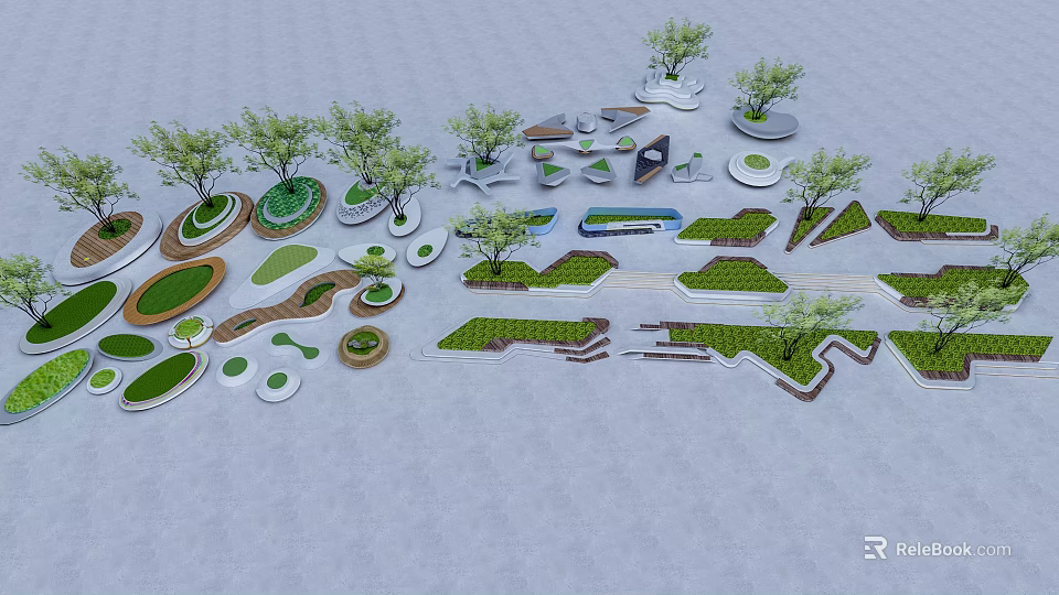 Various Shaped Tree Planters With Green Plants And Urban Landscape Design Elements 3d model
