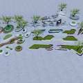 Various Shaped Tree Planters With Green Plants And Urban Landscape Design Elements 3d model