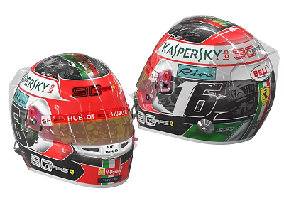 Two Racing Helmets With Kaspersky Ferrari Hublot Logos Numbers 16 And 55 Italian Flag Colors 3d model