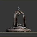 Scenic Landscape Showcasing Circular Fountain With Green Moss Metal Spire And Stone Pavement