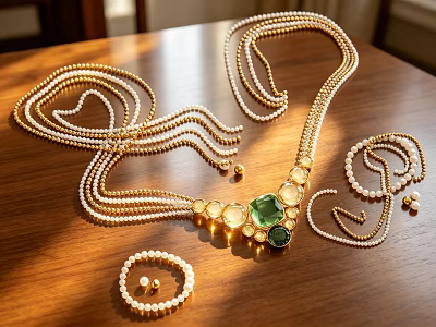 Luxury Gold Jewelry Set Necklace Earrings With Green Gemstones Pearl Details On Wooden Table 3d model