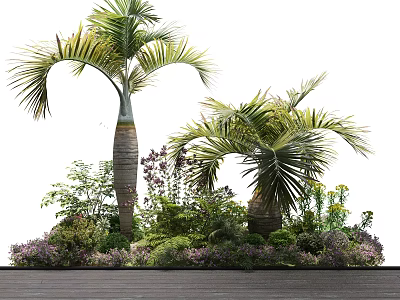 Lush Tropical Palm Trees Garden With Purple Flowers And Green Shrubs On Wooden Ground 3d model