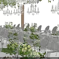 Elegant Dining Table Set With Long Tables Flower Decorations Green Plants And Chandeliers