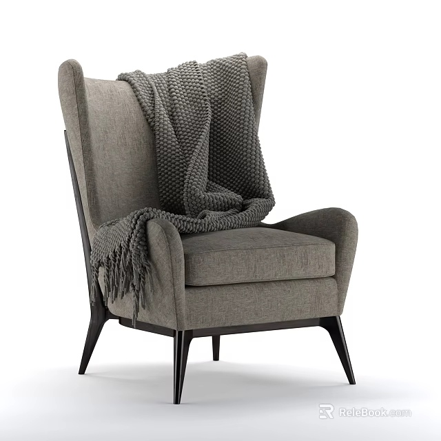 Modern Gray Armchair With Knitted Blanket And Black Wooden Legs 3d model 