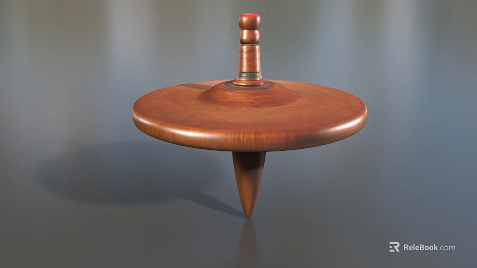 Brown Wooden Top With Round Base Pointed Bottom And Red Tip 3d model 