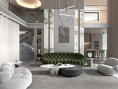 Modern Loft Living Room Interior With Double Height And Stylish Furniture 3d model