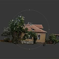 Cartoon Scene Of Yellow House With Red Roof Surrounded By Green Trees And Lush Plants