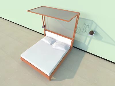 Minimalist Double Bed With Orange Frame Transparent Tabletop Wall Shelf And Small Plant 3d model