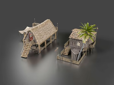 Traditional Wooden Guesthouse Buildings with Thatched Roofs and Palm Tree Staircase and Terrace Design 3d model