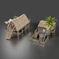 Traditional Wooden Guesthouse Buildings with Thatched Roofs and Palm Tree Staircase and Terrace Design