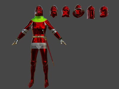 Shiny Red Metallic Armor Suit With Matching Helmets And Detailed Design 3d model